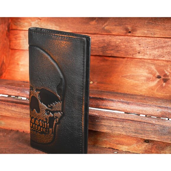 Hand Burnished Skull Long Wallet – RFID Blocking Full Grain Leather For Men's - Picture 2 of 6